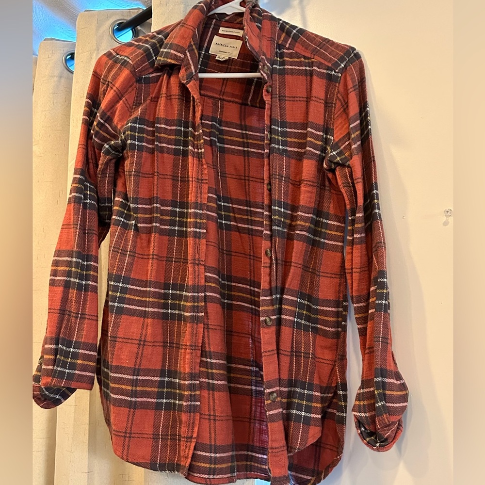 American Eagle Red Coral Plaid Flannel Shirt